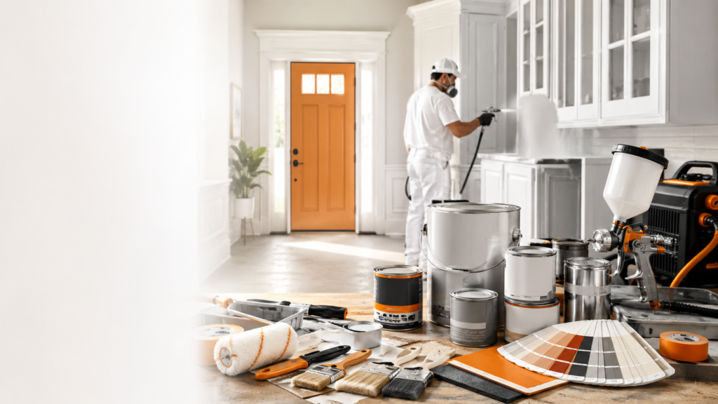 A high-end painting workshop featuring premium painting products neatly displayed on a workbench