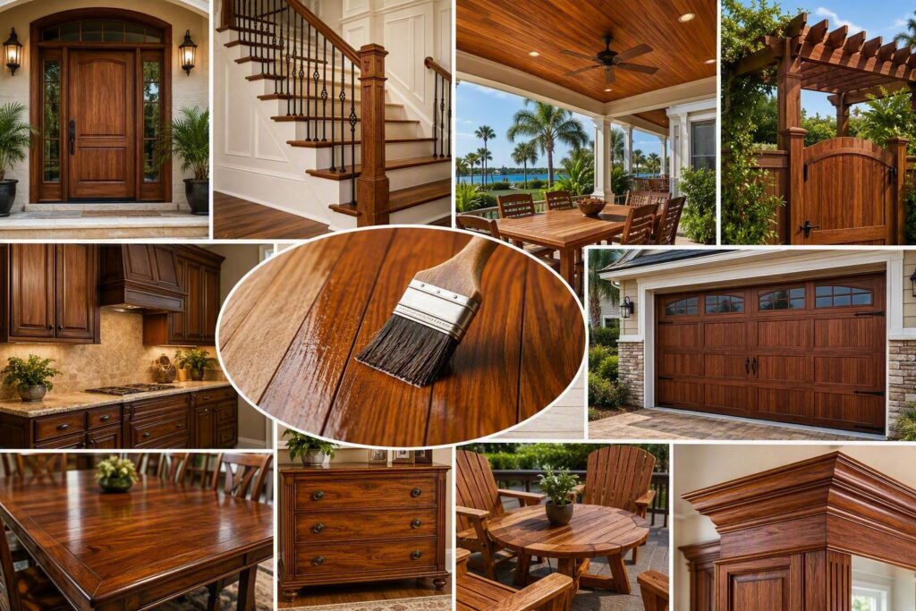 Professional interior and exterior wood staining and refinishing services in Tampa Bay Florida featuring stained wood doors, staircases, cabinets, furniture, pergolas, garage doors, and protective clear coat finishing.